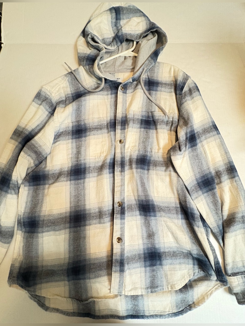 Old Navy Men's Hooded Plaid Button-Up Shirt Jacket - Blue & Cream